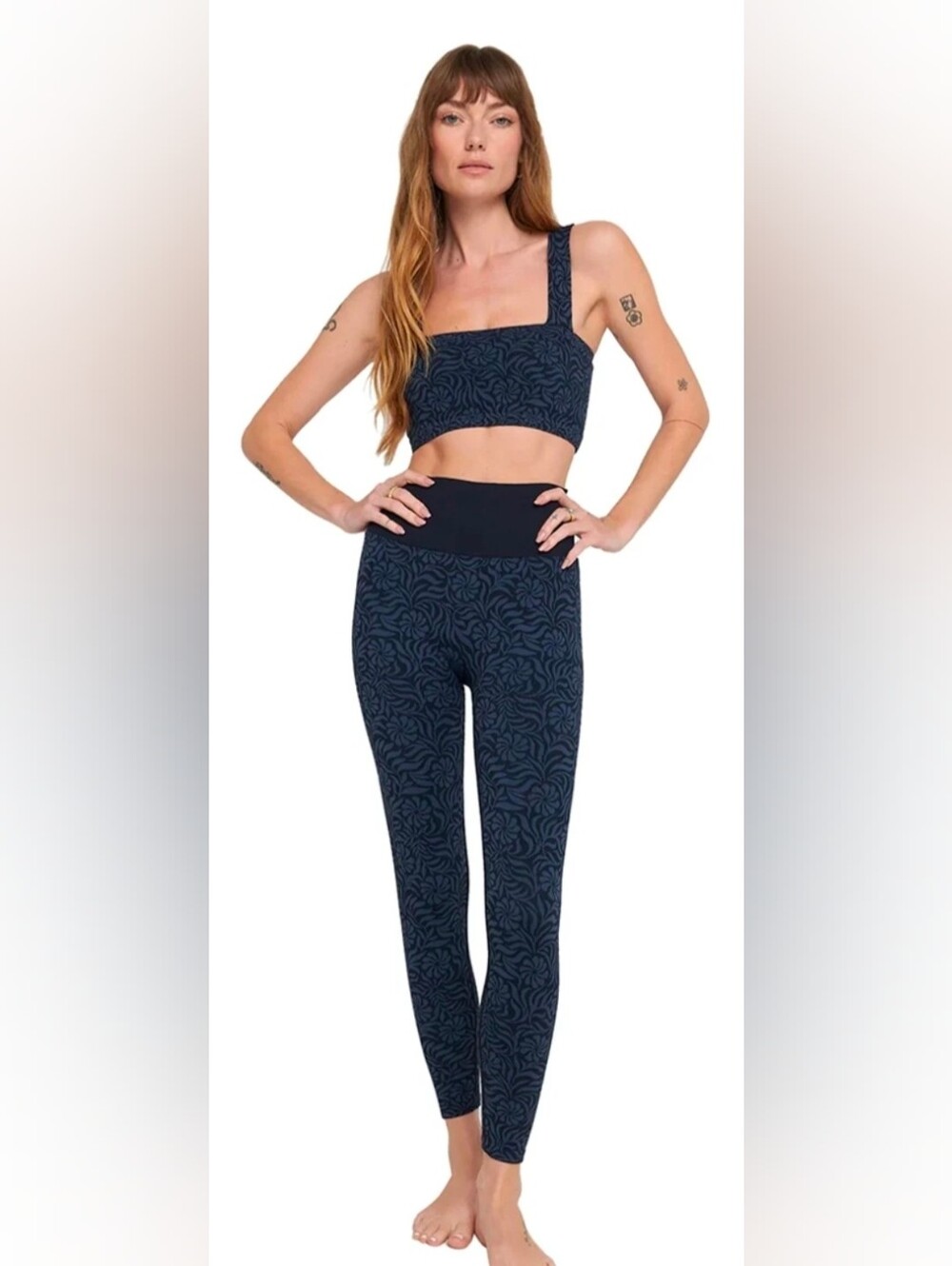 NWT Spiritual Gangster Ria Bra Jacquard 7/8 Legging Set Navy Flora XS/S